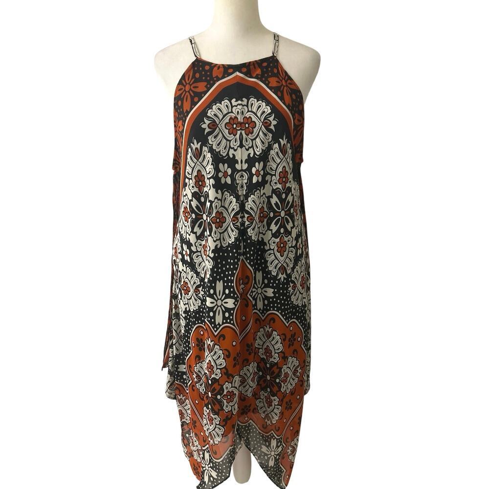 MSK Black Floral Asymmetrical Handkerchief Hem Halter Neck Boho Midi Dress 10